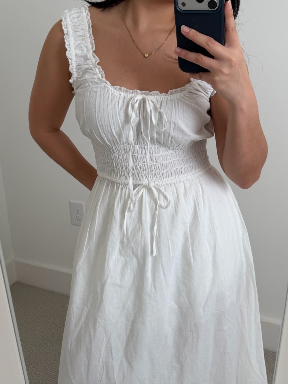Patrons of Peaece White Cotton Shirred Tie Detail Midi Dress